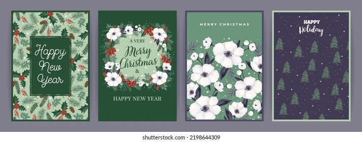 Christmas and Happy New Year cards with Christmas tree and white flowers. Vector design template.