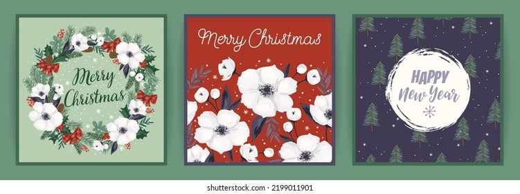 Christmas and Happy New Year cards with Christmas tree and white flowers. Vector design template.