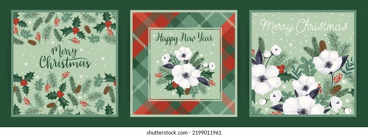 Weihnachten- und Happy-Silvester-Karten mit Weihnachtsbaum und weißen Blumen. Vektordesign-Vorlage.