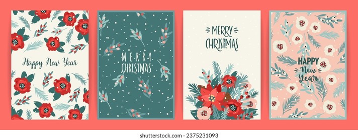 Christmas and Happy New Year cards with flowers, christmas tree, branches, leaves, berries, snowflakes. Trendy retro style. Vector design template.