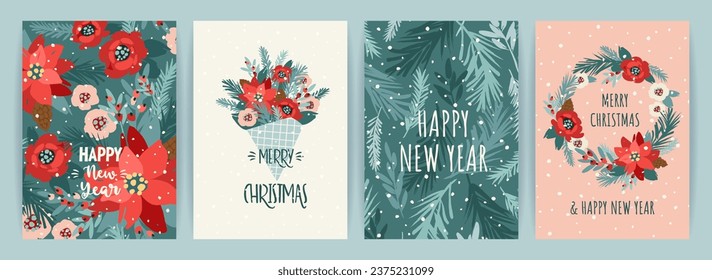 Christmas and Happy New Year cards with flowers, christmas tree, branches, leaves, berries, snowflakes. Trendy retro style. Vector design template.