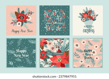 Christmas and Happy New Year cards with flowers, christmas tree, branches, leaves, berries, snowflakes. Trendy retro style. Vector design templates.