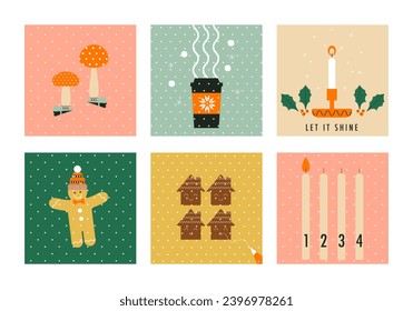 Christmas and Happy New Year cards. Winter Holiday set. Merry Christmas modern design. Candles. Gingerbread man. Winter design elements. Christmas flowers. Xmas decorations. Flat vector illustration.