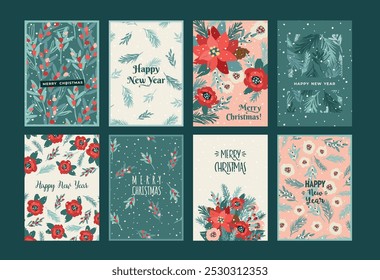 Christmas and Happy New Year cards with flowers, christmas tree, branches, leaves, berries, snowflakes. Trendy retro style. Vector design templates.