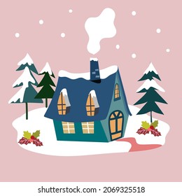 Christmas and Happy New Year card.Trendy retro style with the cottage in snow landscape. hand drawn cartoon Vector design element.