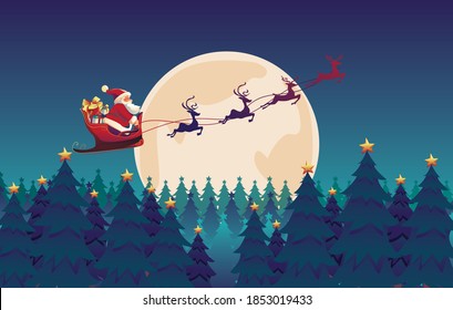 Christmas and Happy new year characters like Santa Claus, reindeer, and snowman holding gift with Merry Christmas greeting tree in Blue backgrounds. pine Full Moon, Vector Illustration 