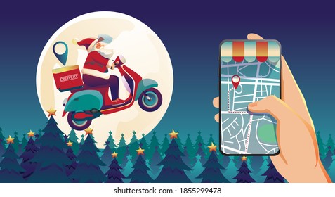Christmas and Happy new year characters like Santa Claus, delivery App, scooter, and snowman holding gift with Merry Christmas greeting tree in Blue backgrounds. pine Full Moon, Vector Illustration 
