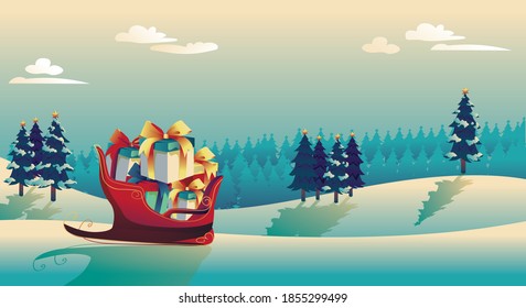 Christmas and Happy new year characters like Santa Claus, reindeer, scooter, and snowman holding gift with Merry Christmas greeting tree in Blue backgrounds. pine Full Moon, Vector Illustration 