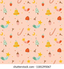 Christmas and Happy New Year cheerful seamless pattern. Lovely winter illustration with cute and character traditional elements in scandinavian style. Vector. Good fabric design and wrapping paper