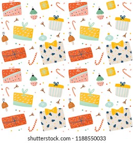 Christmas and Happy New Year cheerful seamless pattern. Lovely winter illustration with cute and character traditional elements in scandinavian style. Vector. Good fabric design and wrapping paper