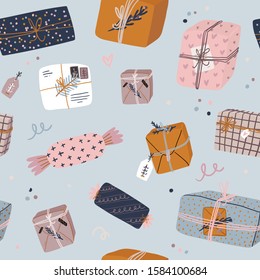 Christmas and Happy New Year cheerful seamless pattern. Lovely winter illustration with cute and character traditional elements in scandinavian style. Vector. Good fabric design and wrapping paper