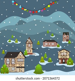 Christmas and Happy New Year city scape celebrating winter holidays. Cartoon old building town street in flat style. Vector illustration landscape concept