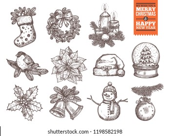 Christmas And Happy New Year Collection Of Sketch Vector Icons. Festive And Holiday Hand Drawn Elements: Sock With Gifts And Fir Wreath, Bullwinch On Branch, Poinsettia Star And Holly, Santa Hat