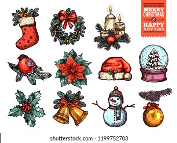 Christmas and happy New Year collection of sketch vector icons. Festive and holiday hand drawn colorful elements: sock with gifts and fir wreath, bullwinch on branch, poinsettia star and holly