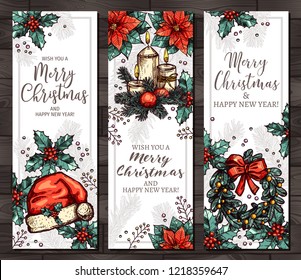 Christmas and happy new year colorful vertical banners templates on wooden background. Vector sketch vintage hand drawn style