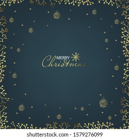 Christmas and Happy New Year composition. Hand drawn doodle vector gold Christmas toys, branches, snowflake, snow on a blue background. Frame with copy space for your text.