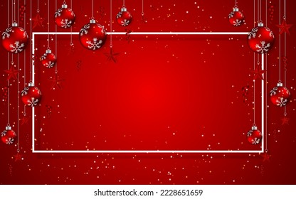 Christmas or Happy New Year concept. Christmas balls and stars hanging on a red background. vector illustration
