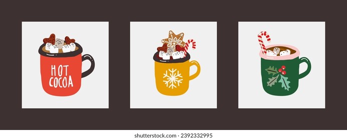 Christmas and Happy New Year Cute mugs with hot beverages cacao, tea, coffee set with candy cane, gingerbread cookies. Elements for greeting cards design, posters, stickers. Vector illustration