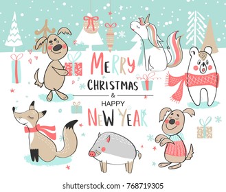 Christmas and Happy New Year. Cute vector set with cute hand-drawn animals. Vector illustration.