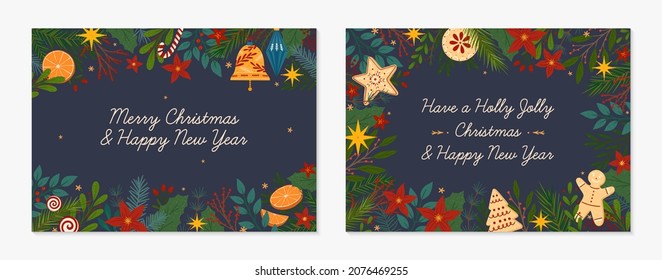 Christmas and Happy New Year decorative greeting banners.Festive vector layouts with hand drawn traditional winter holiday symbols.Xmas trendy designs for banners,invitations,prints,social media