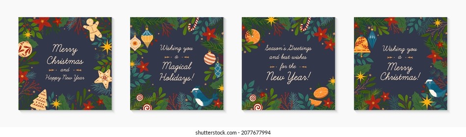 Christmas and Happy New Year decorative greeting banners.Festive vector templates with hand drawn traditional winter holiday symbols.Xmas trendy designs for banners,invitations,prints,social media