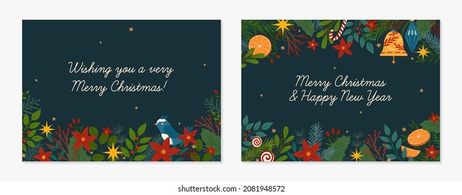 Christmas and Happy New Year decorative greeting banners.Festive vector layouts with hand drawn traditional winter holiday symbols.Xmas trendy designs for banners,invitations,prints,social media