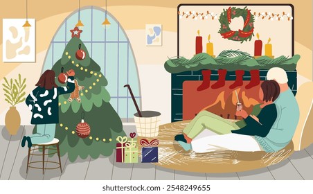 Christmas, Happy New Year, family night, family, family, couple by fireplace, child hanging a toy on the tree, inside the house, lovers. Hand drawn vector.