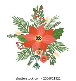 Christmas and Happy New Year flower arrangement. Christmas tree, flowers, berries.  Isolated illustration. Element design.