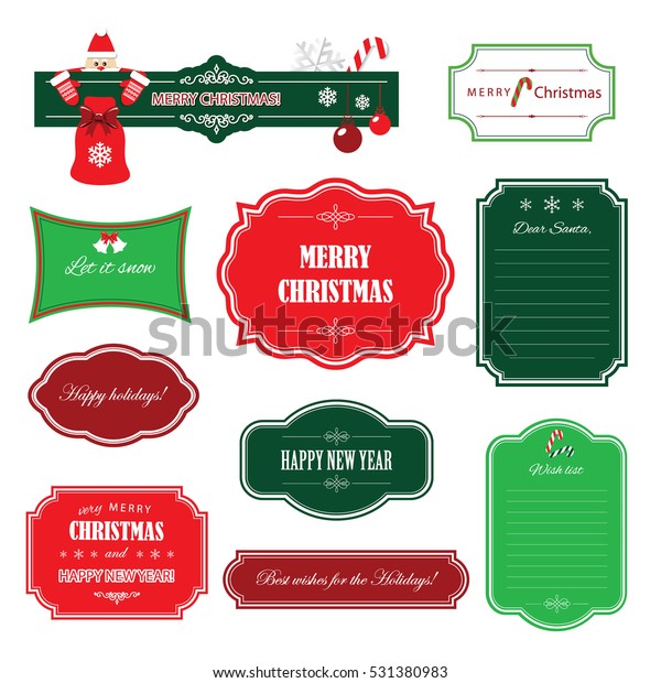 Christmas\
and Happy new year frames and banners. Wish list template.\
Decorative labels and badges isolated on\
white.
