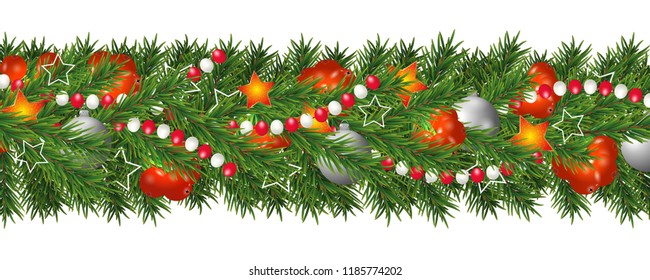 Christmas and happy New Year garland and border of Christmas tree branches decorated with holly Berries and  silver baubles, stars and beads. Holiday decoration isolated on white background. Vector
