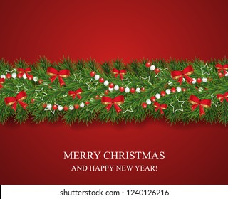 Christmas and happy New Year garland and border of realistic looking Christmas tree branches decorated with red bows, white stars and beads. Horizontal vector illustration.