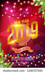 Christmas and happy New Year garland and border of realistic looking Christmas tree branches decorated with geometric shapes, stars and Christmas garlands on colorful red background. Vector EPS 10.