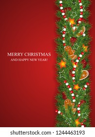 Christmas and happy New Year garland and border of realistic looking Christmas tree branches decorated with Berries, stars and Gingerbread cookies, beads. 
Vertical background. Vector illustration.