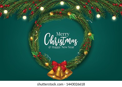 Christmas and happy New Year garland and border of realistic looking Christmas tree branches decorated with Berries