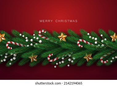 Christmas and happy New Year garland and border of realistic looking Christmas tree branches decorated with Berries, stars candy cane