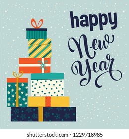 Christmas and Happy New Year gift boxes. Vector illustration.