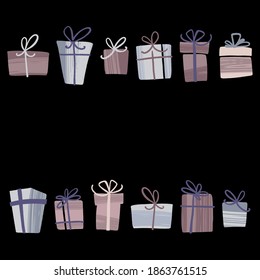 Christmas and Happy New Year gift boxes decorative frame. Hand drawn trends color christmas decorations set. Vector isolated elements in modern flat style with dry brush texture.