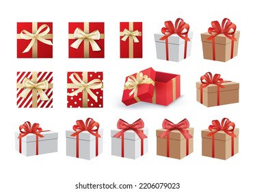 Christmas and happy new year gift boxes set on white background.