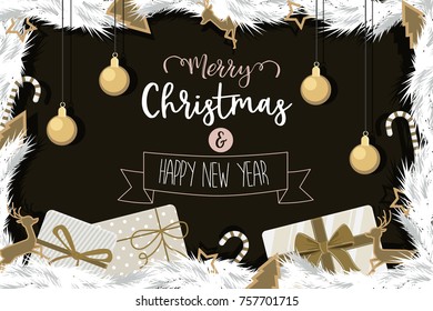 Christmas and happy new year with gold decorated ball gift of pine branches in background black and white.  illustration Vector