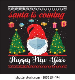 Christmas and Happy New Year graphic prints set, t shirt designs for ugly sweater x mas party. Holiday décor with x mas tree, Santa, gingerbread texts and ornaments. Stock vector background.