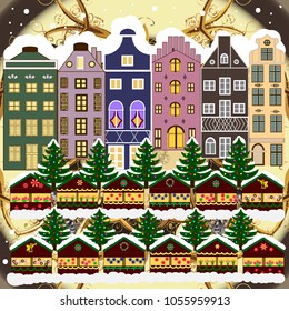 Christmas and Happy New Year greeting card. Flat Vector illustration. Winter house.