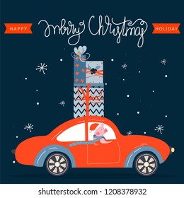 Christmas and Happy New Year greeting card with Christmas car, gifts and lettering. Vector design template.