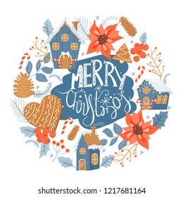 Christmas and Happy New Year greeting card with Christmas cookies, houses, holly leaves, berries, spruce twigs, poinsettia and  lettering. Vector design template.
