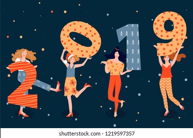 Christmas and Happy New Year greeting card with dancing girls and figures with 2019 year. Womens invite and celebrate the coming of the New Year. Vector illustration for postcard, poster, invitation.