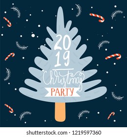 Christmas and Happy New Year greeting card with Christmas fir-tree and lettering. Vector illustration for postcard, poster, book, invitation, t-shirt. 