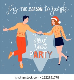 Christmas and Happy New Year greeting card with dancing couple. Happy couple dance at a Christmas party and celebrate the coming of the New Year. Vector illustration for postcard, poster, book.