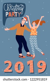 Christmas and Happy New Year greeting card with dancing couple. Happy couple dance at a Christmas party and celebrate the coming of the New Year. Vector illustration for postcard, poster, cover.