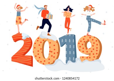 Christmas and Happy New Year greeting card with happy people and figures with 2019 year. People invite and celebrate the coming of the New Year. Vector illustration for postcard, poster, invitation.