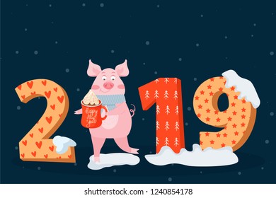 Christmas and Happy New Year greeting card with pig and figures with 2019 year. Cute pig invite and celebrate the coming of the New Year. Vector illustration for textile, postcard, poster, invitation.