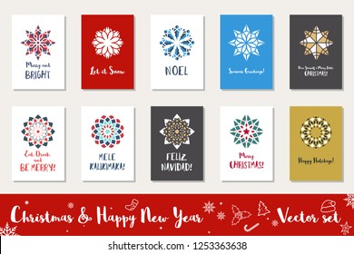 Christmas and Happy New Year greeting cards collection. Winter holidays vector set with mosaic ornamental symbols and text